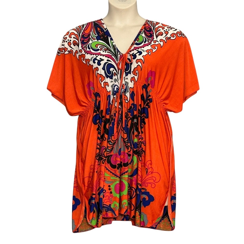 VTG Boho Festival Womens Dress Plus 1X Orange Psychedelic Paisley Beach Resort